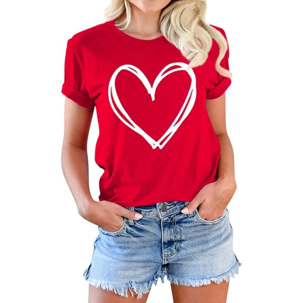 Valentine's Women's Wife's Day Graphic Tees Short Sleeve Heart Printed Shirts Bl